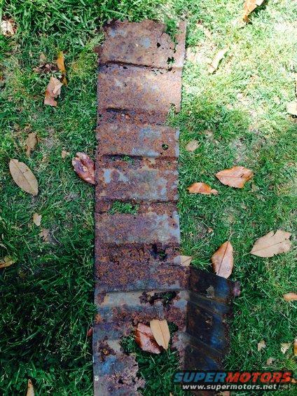 heavily rusted metal piece with several horizontal indentations, lying on grass with fallen leaves