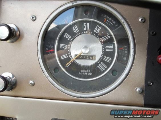 The odo shows 87,725, but I can't remember now if or when it was zeroed.  If it was zeroed during the first build (The Beginning), then this would be the mileage on the transmission because it was rebuilt then.  My best guess on engine mileage (which has never been rebuilt) is just past 200Kmi; t-case was replaced recently in Memphis, so it has virtually 0mi; rear diff was replaced a few years ago in Memphis, so maybe 40Kmi; front diff was cleaned in NC, but NOT rebuilt, so I have no idea of its miles.

The stock ammeter was removed during the 3G alternator conversion, and it was replaced with a SunPro voltmeter using a MarsChariot (ClassicBroncos.com) face.  The oil, fuel, & temperature gauges work.