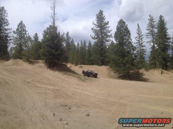 Black off-road vehicle driving up a sandy hill with pine trees in the background