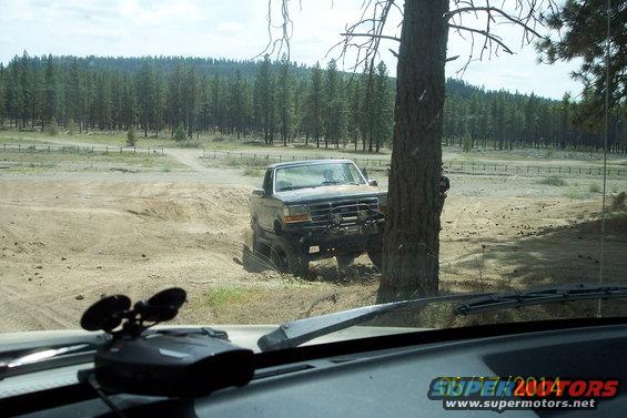 Ford F-Series truck with aftermarket bumper and lights driving off-road near a tree