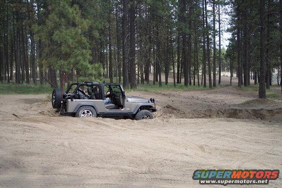 Silver Jeep Wrangler stuck in sand with spare tire on rear door, surrounded by pine trees
