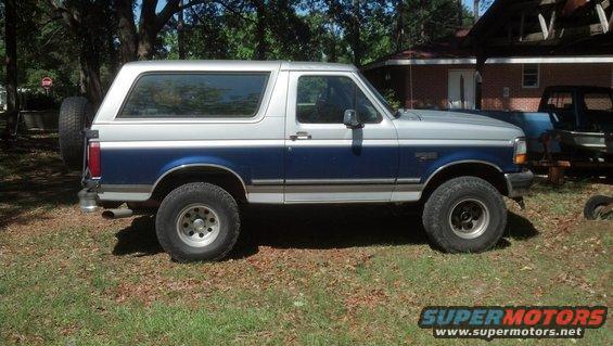 1996 Ford Bronco parked on grass, side view. Two-tone blue and silver paint, spare tire mounted on rear door