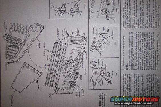 Diagram showing how to install the tailgate glass and regulator on a Ford Bronco