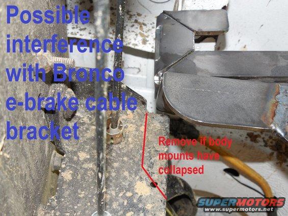 cabsteps5cut.jpg If the body mounts are collapsed &/or the the body is offcenter on the frame, one solution is to remove this section of the e-brake cable bracket to prevent fouling against the step bracket. But the proper fix is to install new (black Energy poly) body mounts, and center the body on the frame.

[url=https://www.supermotors.net/vehicles/registry/media/1023997][img]https://www.supermotors.net/getfile/1023997/thumbnail/cabsteps5distances.jpg[/img][/url]