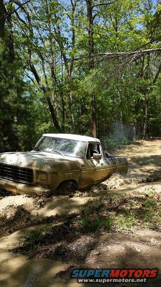 Mud-covered 1973 Ford F-Series truck stuck in a muddy trail, front-left wheel deep in mud