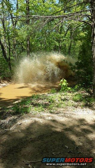 Off-road vehicle splashing mud in a wooded area