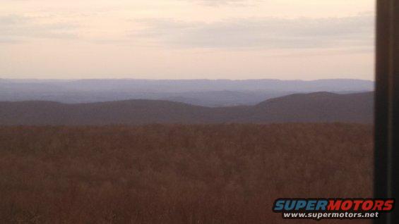 Landscape view of rolling hills and trees under a pale sky, with a dark vertical element on the right