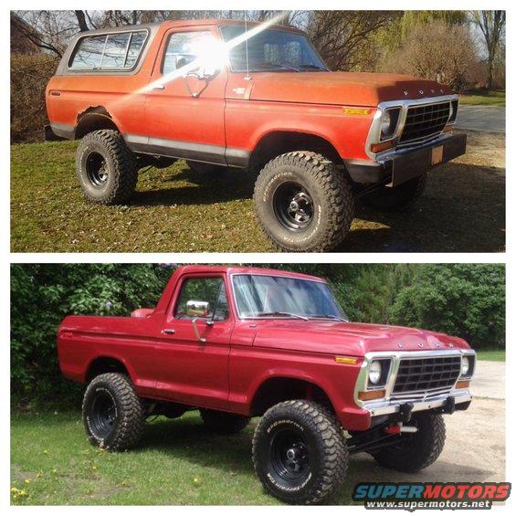 Two Ford Broncos, one orange and one red, parked outside