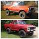 1978 Ford Bronco - Two Ford Broncos are shown, one in orange and the other in red, both lifted with off-road tires.