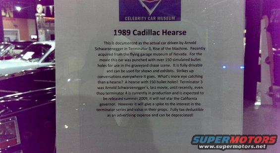Document titled '1989 Cadillac Hearse' from Celebrity Car Museum, detailing its use in Terminator 3