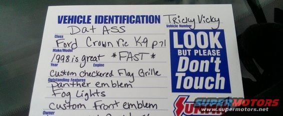 Card lists 'Ford Crown Vic K9 p71', '1998 is great', 'Custom checkered flag grille', 'Panther emblem', and 'Fog lights'