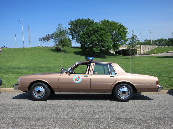 Tan police car with blue light bar on roof, side view