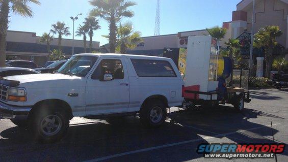 The only time I have ever seen this truck squat. The games were loaded with all the weight to the front with little thought given to weight distribution. This load was only going across town. Included in this load:
Spongebob, Fishin time, Raceway, Slam A Winner. Not visible are the boxes of prizes in the back and several boxes of tickets in the Bronco.