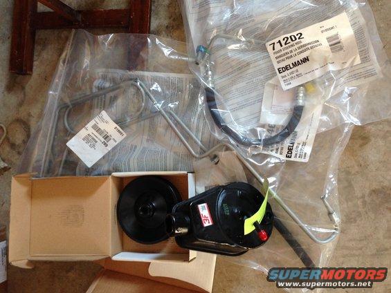 Just got in all the new stuff. Ended up using rockauto.com. It was $121(shipping included) vs. $197 from napa. Sag pump, pulley, and pressure line is for a 1990 E-150. The return hose is to replace my original Bronco's (since its 20 years old). Not sure if I will use the pulley, I figured I might as well have it and not need it than need it and not have it. Can always return it.