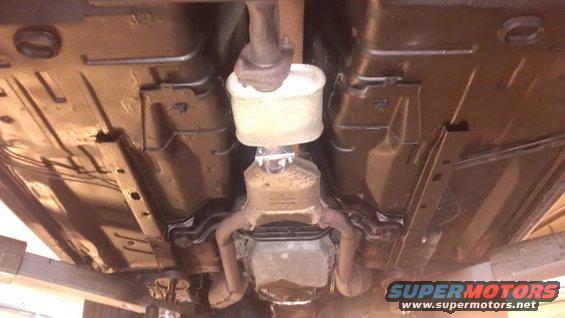 Underside view of a car's exhaust system, catalytic converter, and underbody
