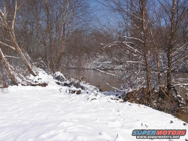 Snowy riverbank with bare trees and brown water