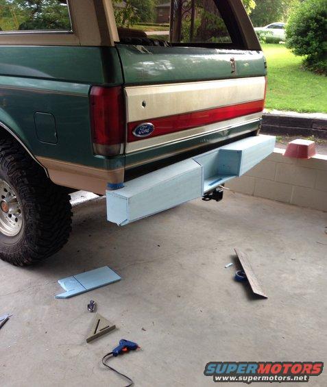 1989 Ford Bronco rear with custom bumper being built from foam blocks