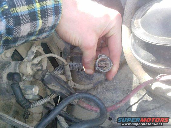 Hand holding an electrical connector with multiple pins, surrounded by engine bay wiring and components