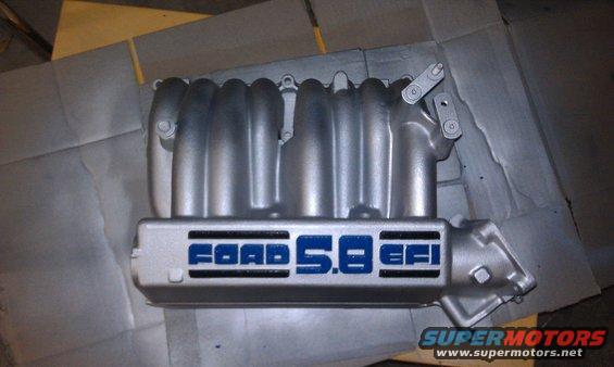 Ford 5.8 EFI intake manifold, silver, with blue lettering