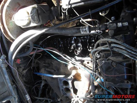Engine bay with exposed valve train, brake booster, and wiring