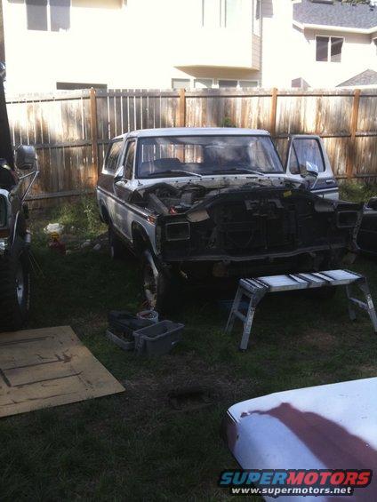 Two-tone brown and white Ford Bronco with hood open, parked in a yard