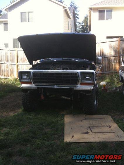1979 Ford Bronco front with hood open, showing engine bay