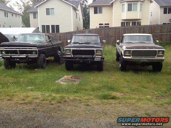Three trucks parked in a grassy yard. The truck on the right is a 1977 Ford F-150