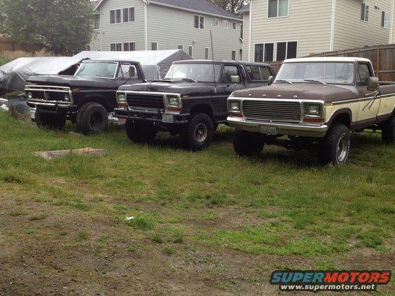 Three Ford trucks parked side-by-side: a black pickup, a black Bronco, and a brown/white pickup. The Bronco appears to be a 1979 model