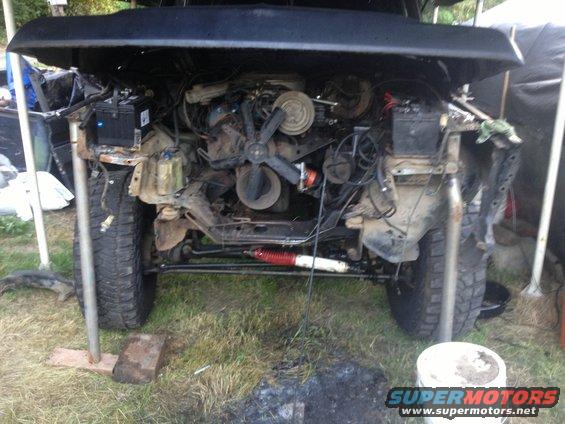Black vehicle engine bay with exposed engine, radiator, and suspension components. Tires visible