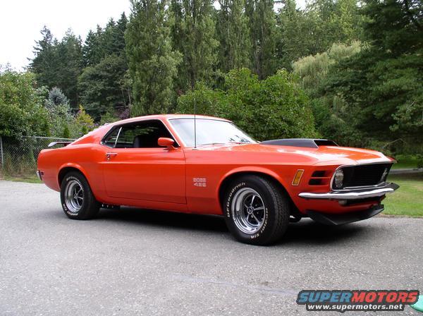 Orange 1970 Ford Mustang Boss 429, 3q front view, with hood scoop