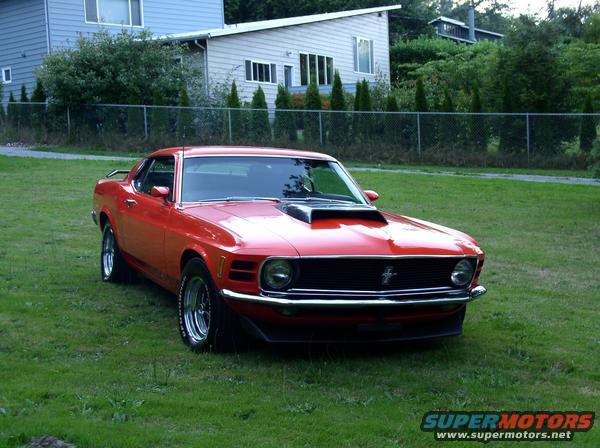 Red 1970 Ford Mustang Mach 1 parked on grass with a hood scoop