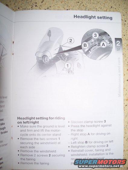 Page from a manual showing how to adjust a motorcycle headlight, with diagrams and instructions