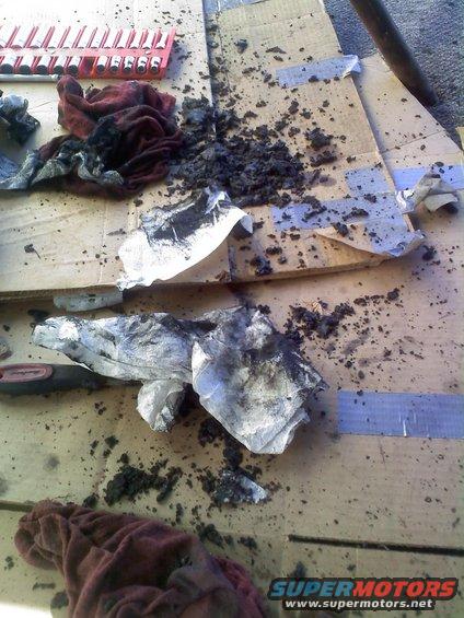 Dirty rags and grease splatters on cardboard with a socket set