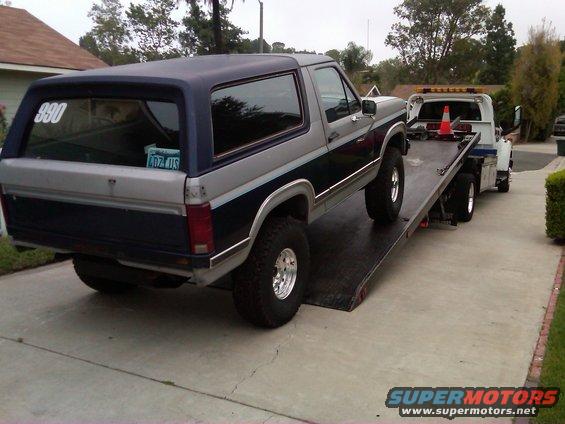 1986 Ford Bronco being loaded onto a tow truck, rear view. License plate visible
