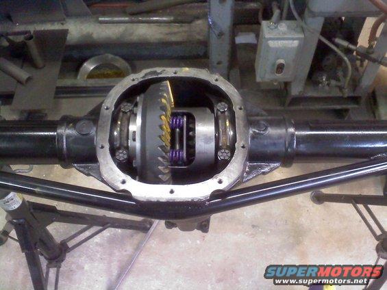 Differential housing with gears and purple springs, supported by stands