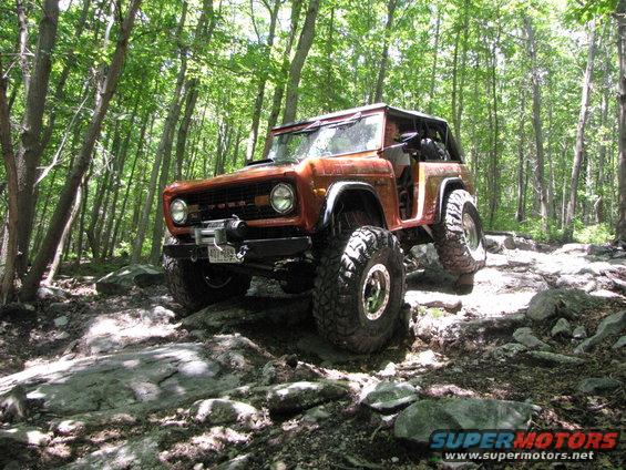 Orange 1979 Ford Bronco navigating a rocky forest trail, front 3/4 view
