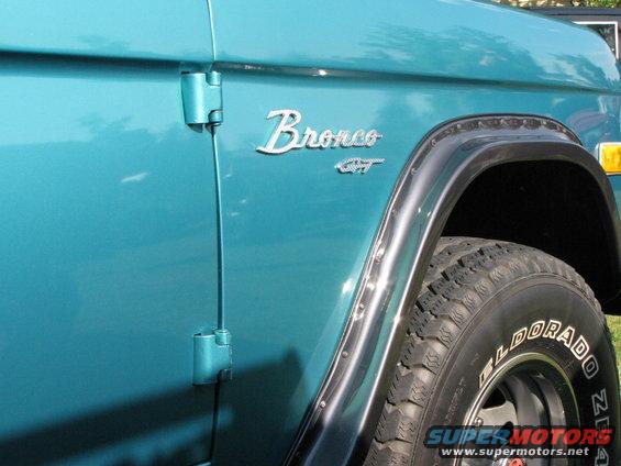 Teal 1979 Ford Bronco GT side view showing fender flare and door hinge