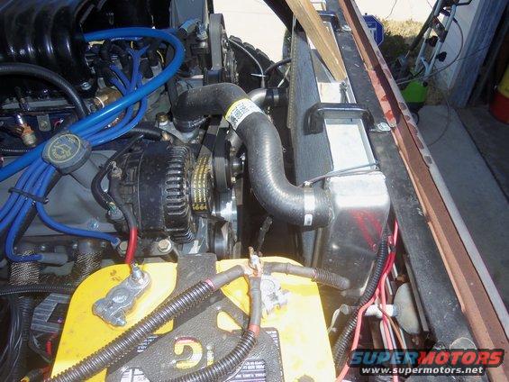 Engine bay with yellow battery, alternator, radiator hoses, and wiring