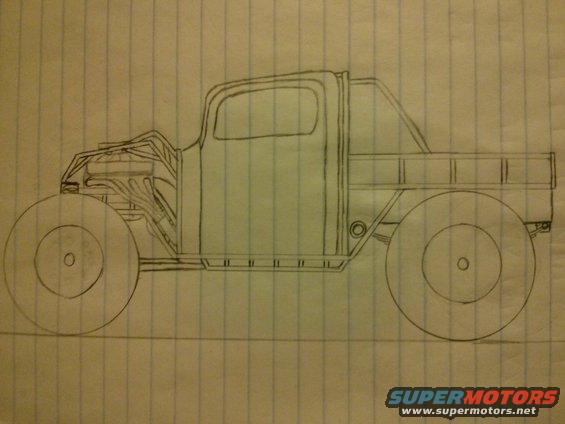 Drawing of custom pickup truck with exposed engine and large wheels