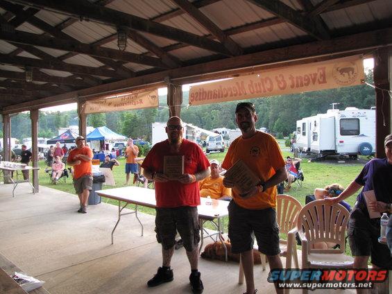 Two men holding awards under a covered pavilion, with RVs and tents in the background