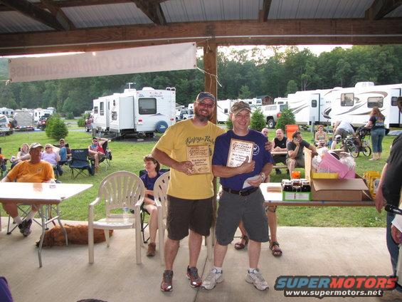 Two guys holding awards at an outdoor event with RVs in the background