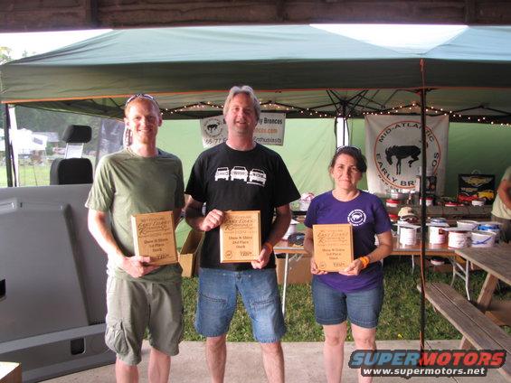 Three people stand under a tent, each holding a wooden award plaque. A large grey panel is to the left