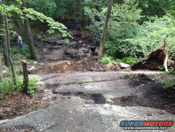 Off-road trail with people and a fallen tree