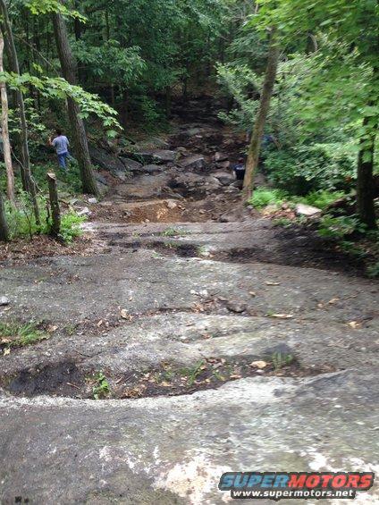 Off-road trail with rocks and trees; two people are visible on the path