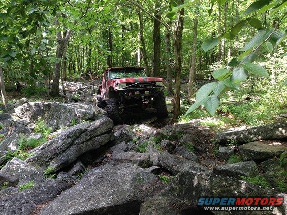1988 Ford Bronco off-roading on a rocky trail through a forest