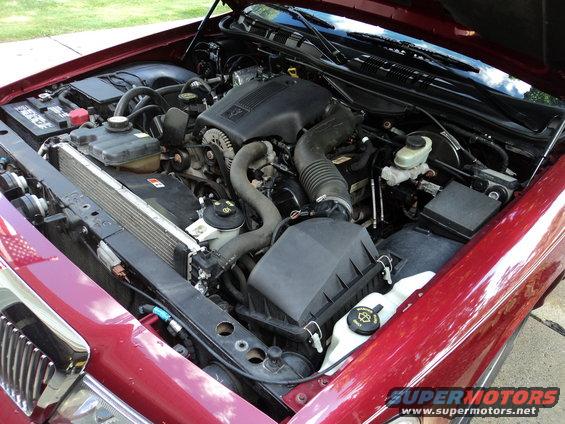 Red 2004 Mercury Grand Marquis engine bay with V8 engine, radiator, and battery visible