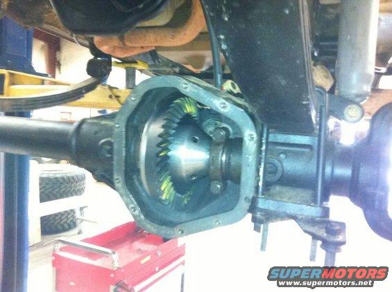Differential housing opened to show gears, with suspension components visible above