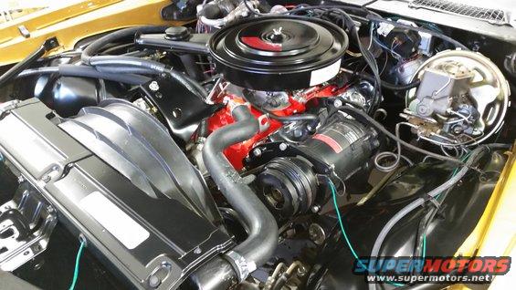 Yellow car engine bay with black air cleaner, red engine block, and silver radiator shroud