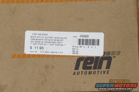 Cardboard box with a label for a CV outer boot kit, part number 4 321-498-203-A. Label lists compatibility for 85-93 models