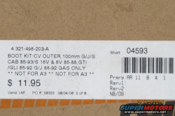 Part label for a CV outer boot kit, listing compatibility for 1985-1993 models and excluding A3